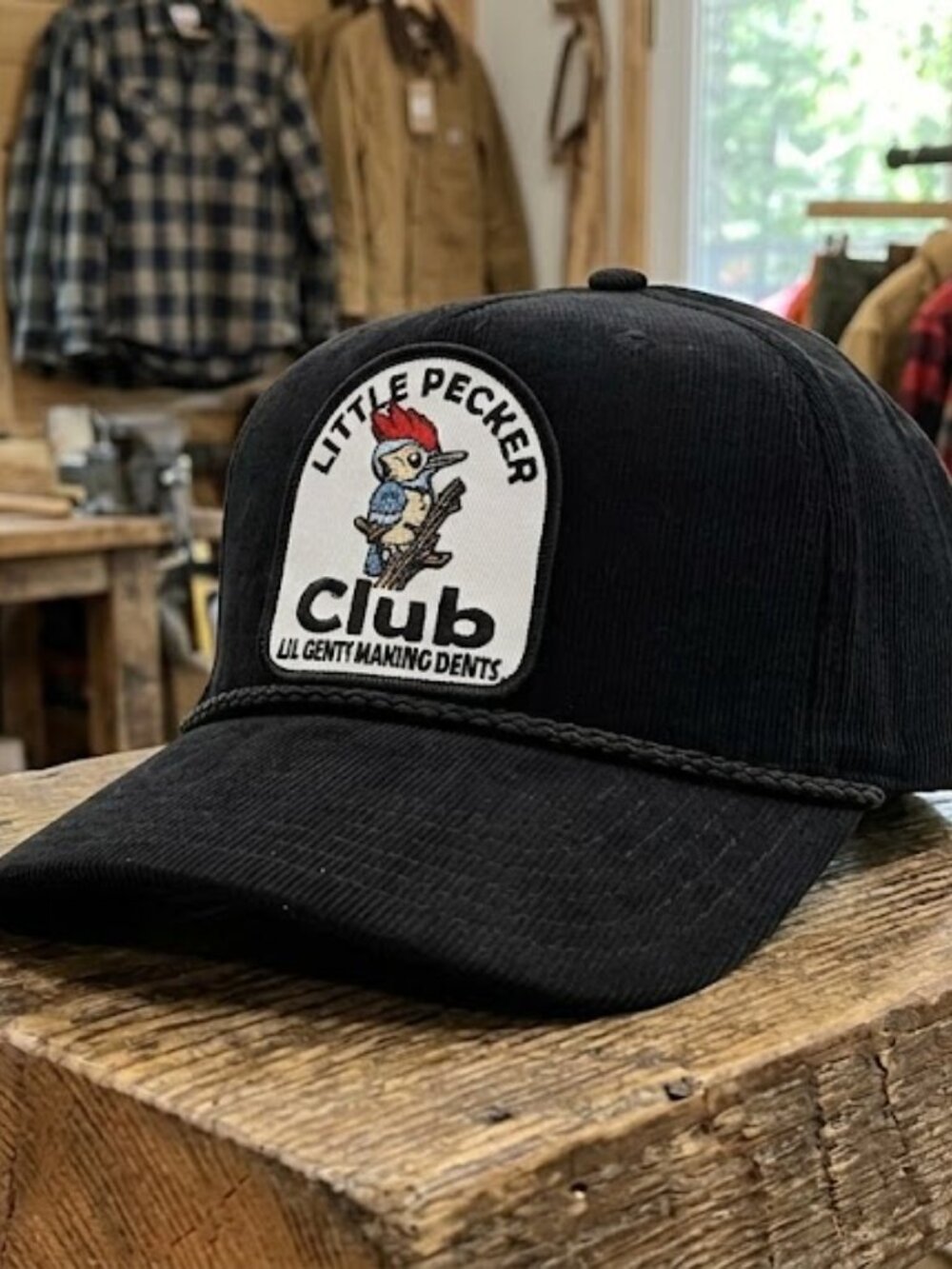 Little Pecker Club Hat Funny Penis Joke Woodpecker Patch Black Corduroy Cap OS